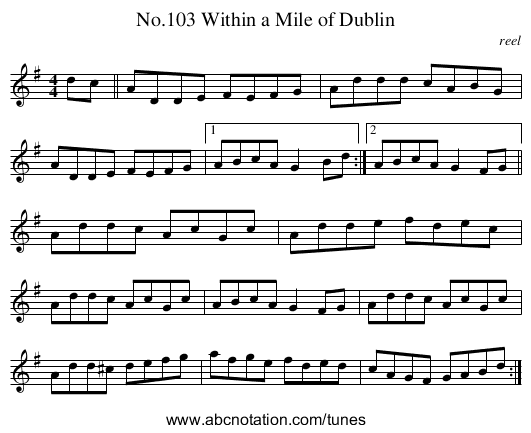 No.103 Within a Mile of Dublin - staff notation