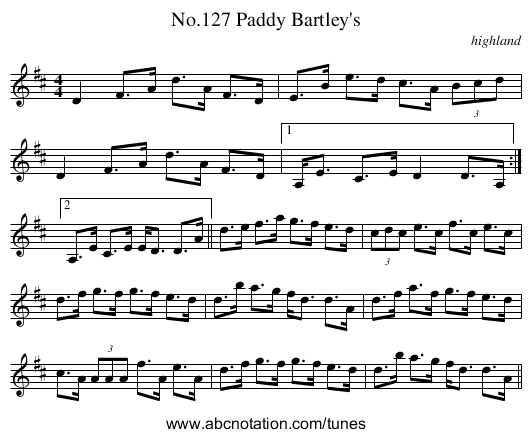 No.127 Paddy Bartley's - staff notation