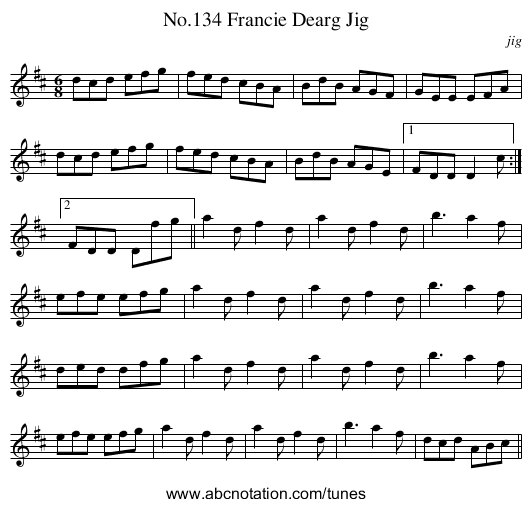 No.134 Francie Dearg Jig - staff notation