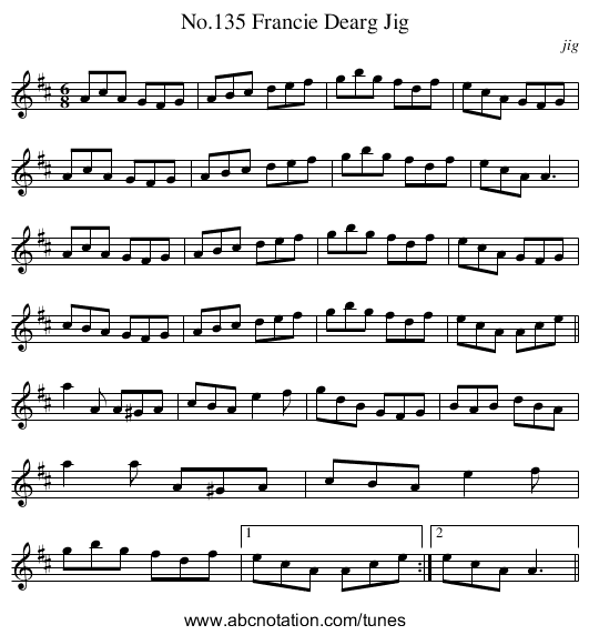 No.135 Francie Dearg Jig - staff notation