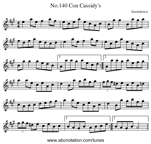 No.140 Con Cassidy's - staff notation