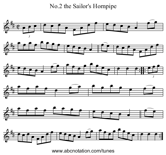 No.2 the Sailor's Hornpipe - staff notation
