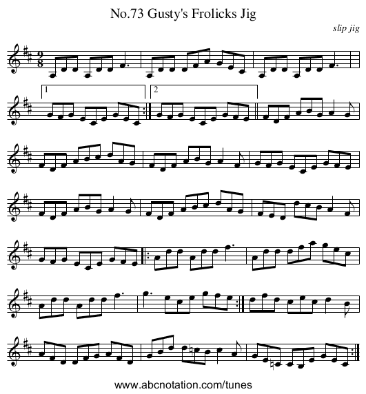 No.73 Gusty's Frolicks Jig - staff notation