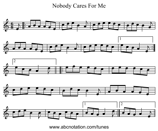 Nobody Cares For Me - staff notation