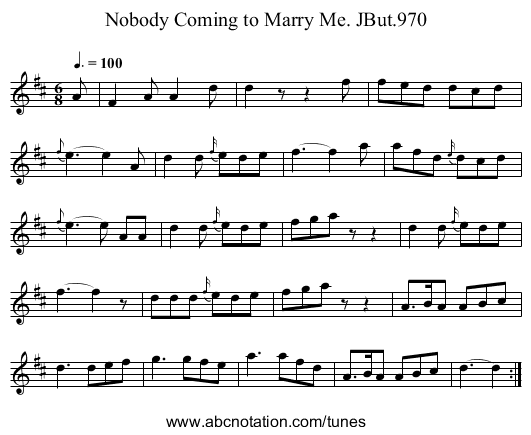Nobody Coming to Marry Me. JBut.970 - staff notation
