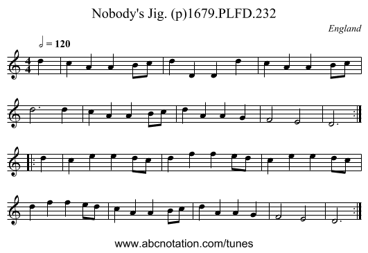 Nobody's Jig. (p)1679.PLFD.232 - staff notation