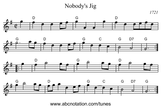 Nobody's Jig - staff notation