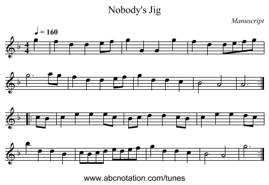 Nobody's Jig - staff notation