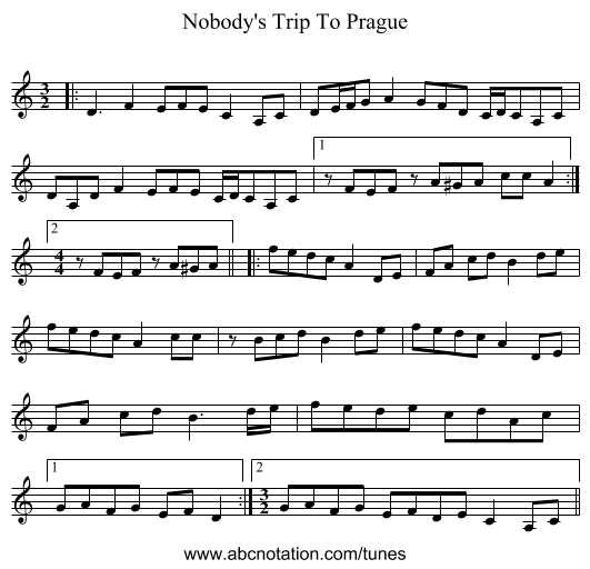 Nobody's Trip To Prague - staff notation