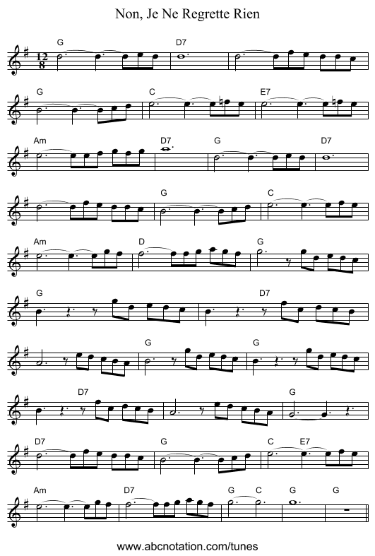 Non, Je Ne Regrette Rien - staff notation
