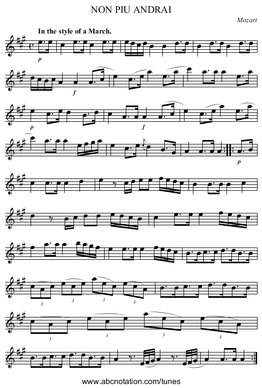 NON PIU ANDRAI - staff notation