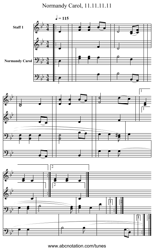 Normandy Carol, 11.11.11.11 - staff notation