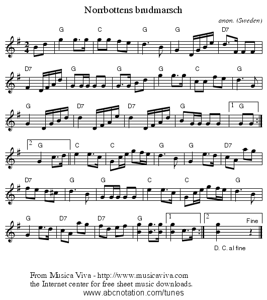 Norrbottens brudmarsch - staff notation