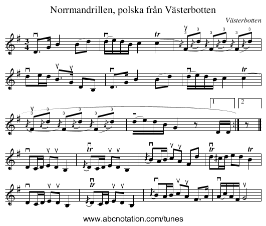 Norrmandrillen, polska från Västerbotten - staff notation