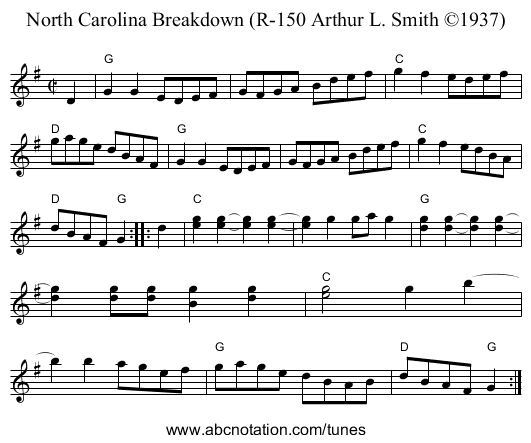 North Carolina Breakdown (R-150 Arthur L. Smith ©1937) - staff notation