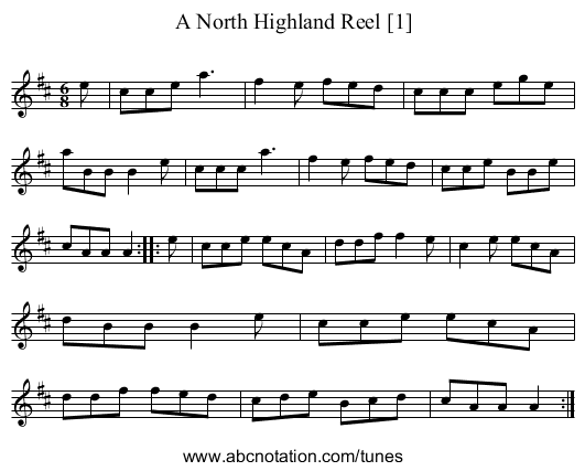 North Highland Reel [1], A - staff notation