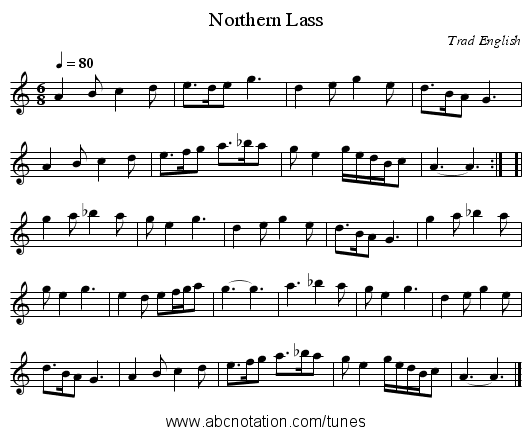 Northern Lass - staff notation