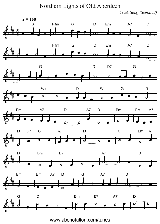 Northern Lights of Old Aberdeen - staff notation