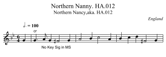 Northern Nanny. HA.012 - staff notation