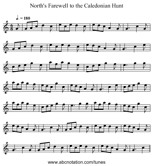North's Farewell to the Caledonian Hunt - staff notation