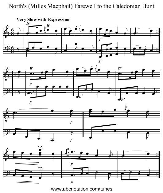 North's (Milles Macphail) Farewell to the Caledonian Hunt - staff notation