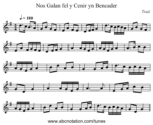Nos Galan fel y Cenir yn Bencader - staff notation