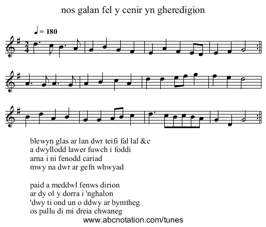 nos galan fel y cenir yn gheredigion - staff notation