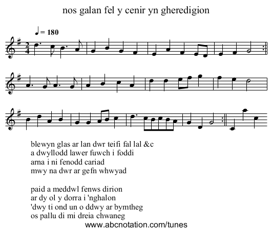 nos galan fel y cenir yn gheredigion - staff notation