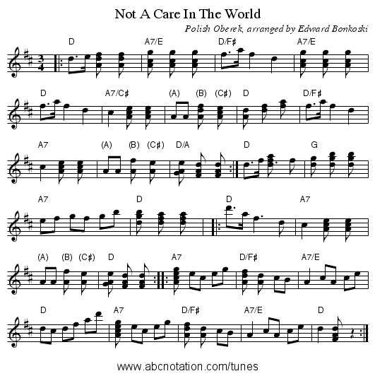 Not A Care In The World - staff notation