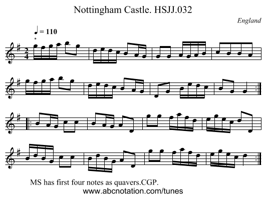 Nottingham Castle. HSJJ.032 - staff notation
