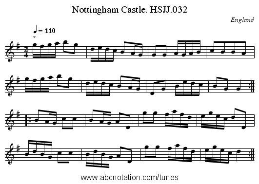 Nottingham Castle. HSJJ.032 - staff notation