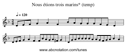 Nous étions trois marins* (temp) - staff notation