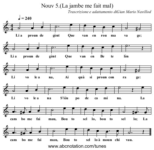 Nouv 5.(La jambe me fait mal) - staff notation