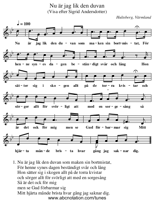 Nu är jag lik den duvan - staff notation