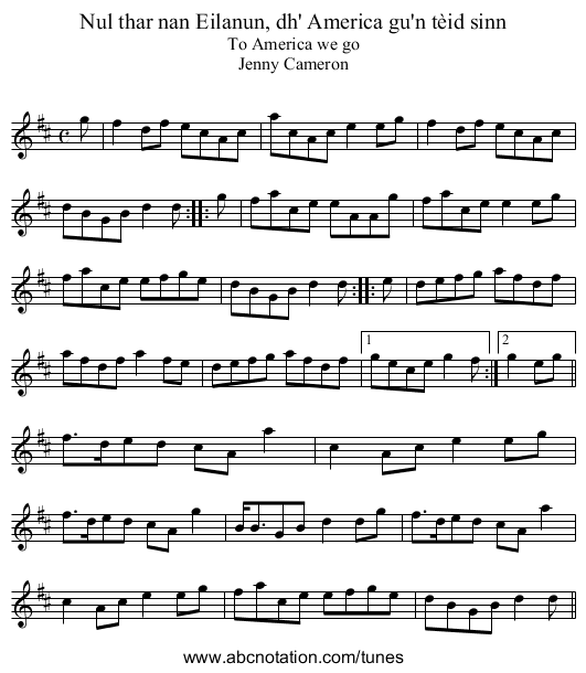Nul thar nan Eilanun, dh' America gu'n tèid sinn - staff notation