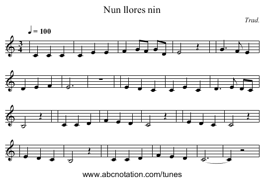 Nun llores nin - staff notation