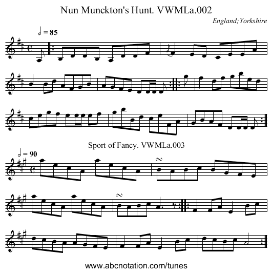 Nun Munckton's Hunt. VWMLa.002 - staff notation