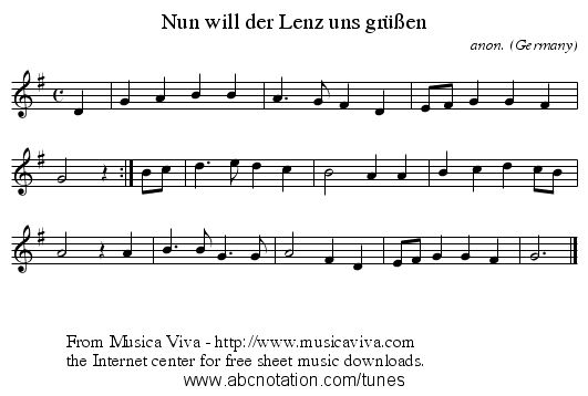 Nun will der Lenz uns gr&uuml;&szlig;en - staff notation