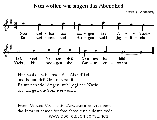 Nun wollen wir singen das Abendlied - staff notation