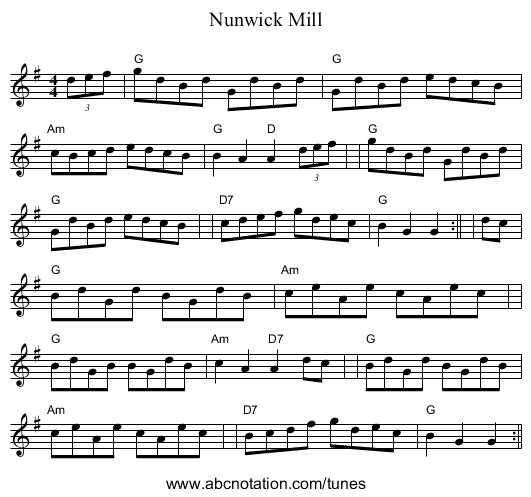 Nunwick Mill - staff notation