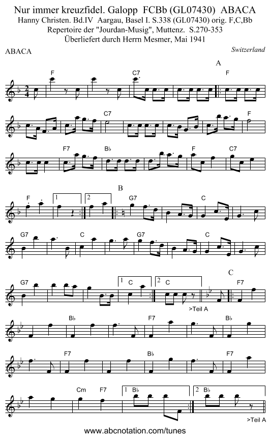 Nur immer kreuzfidel. Galopp  FCBb (GL07430)  ABACA - staff notation