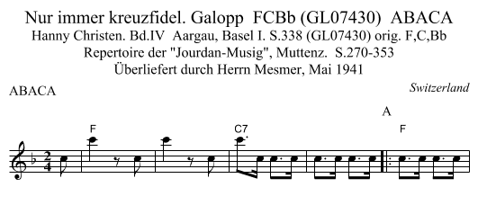 Nur immer kreuzfidel. Galopp  FCBb (GL07430)  ABACA - staff notation