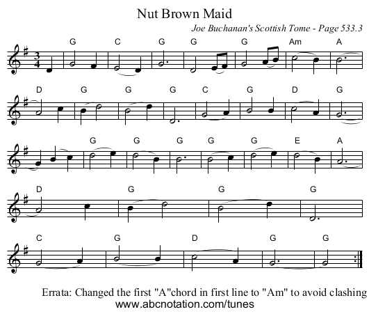 Nut Brown Maid - staff notation