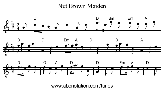 Nut Brown Maiden - staff notation