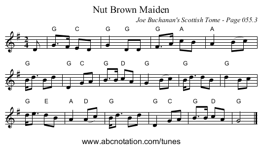 Nut Brown Maiden - staff notation
