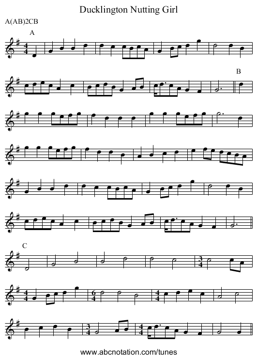 Nutting Girl, Ducklington - staff notation