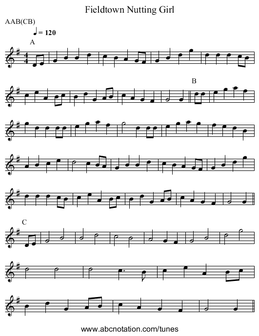 Nutting Girl, Fieldtown - staff notation