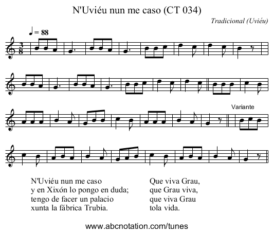 N'Uviéu nun me caso (CT 034) - staff notation