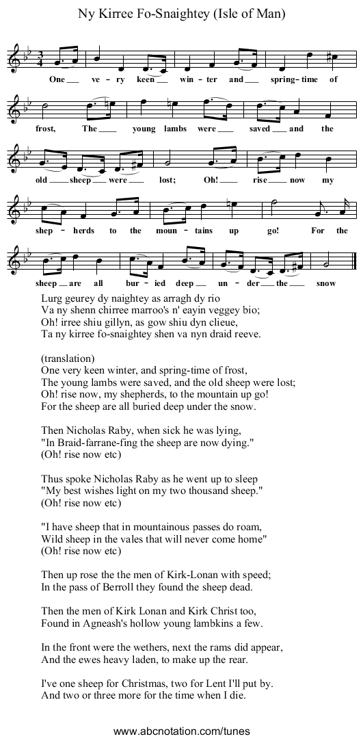 Ny Kirree Fo-Snaightey (Isle of Man) - staff notation