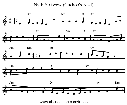 Nyth Y Gwcw (Cuckoo's Nest) - staff notation